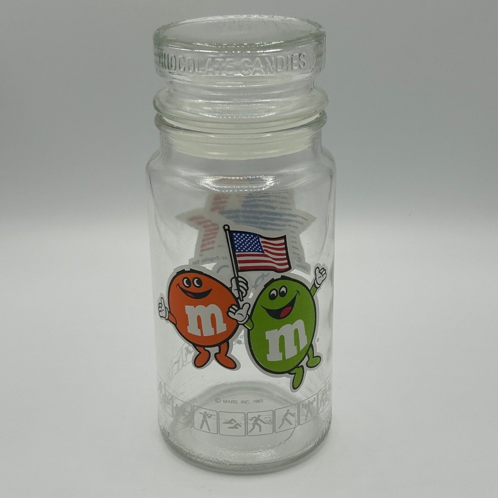Vintage Mars Inc. 8" M&M Chocolate Glass Candy Jar 80s Los Angeles Olympics USA